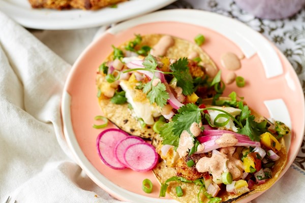 Fish tacos with rhubarb-pineapple salsa