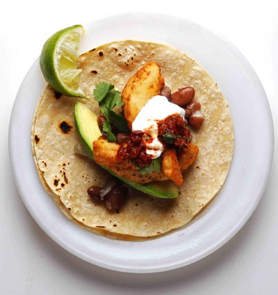 Fish tacos with roasted tomato salsa