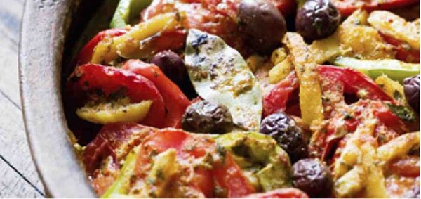 Fish tagine with tomatoes, olives, and preserved lemon