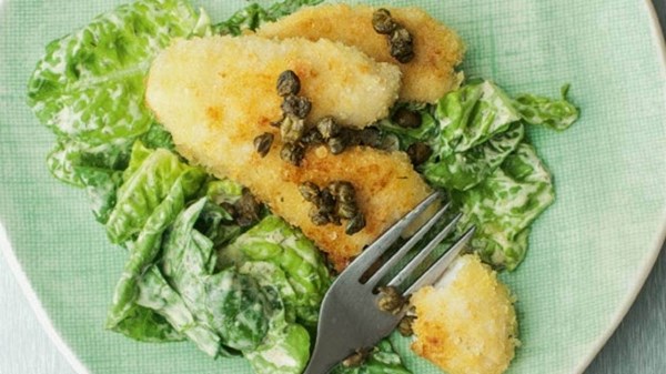 Fish with caper butter and spinach and cos salad