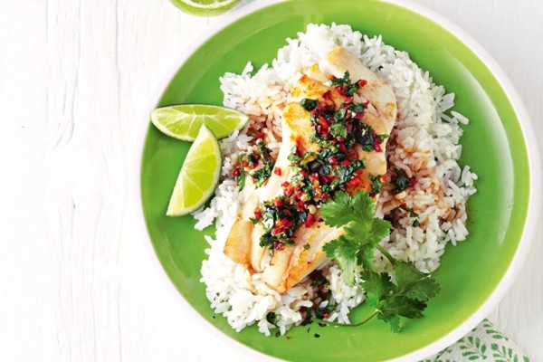 Fish with coconut rice and lime and coriander gremolata
