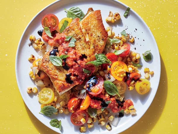 Fish with fire-roasted summer veggies