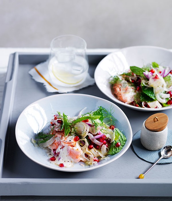 Fish with tahini sauce, pomegranate and fennel