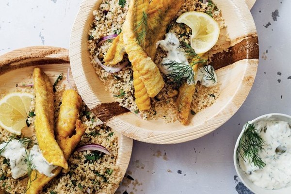Fish with yoghurt tartar sauce and lemon couscous