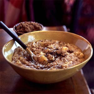 Five-grain cereal with apricots, apples, and bananas
