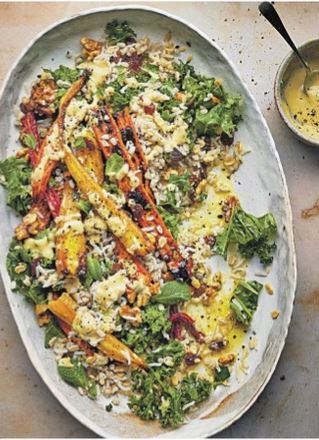Five grain salad with roasted carrots, kale, walnuts, raisins & tahini
