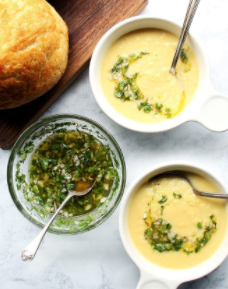 Five ingredient corn soup with herb salsa