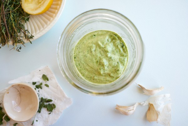 Five minute avocado dressing with herbs and spinach