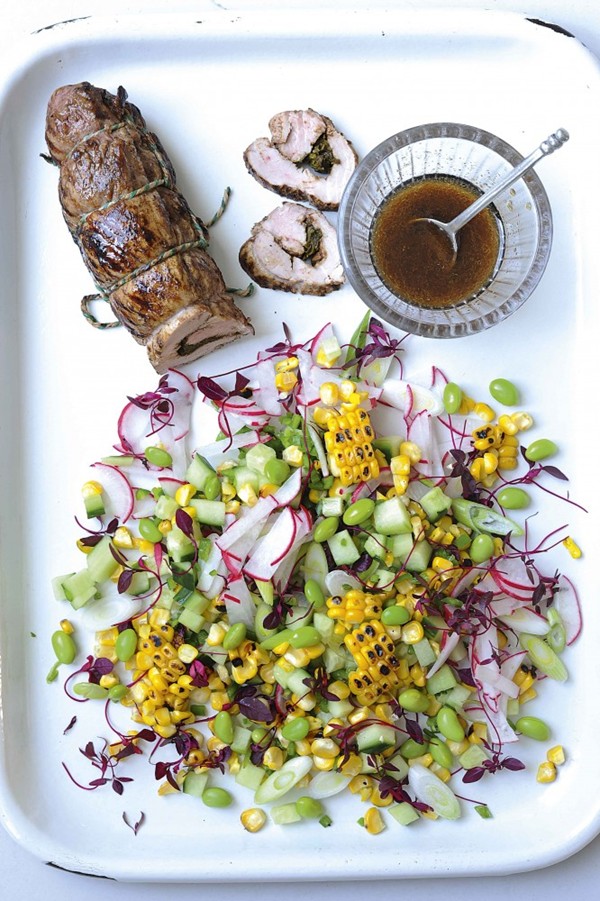 Five-spice and tamarind pork with blackened sweetcorn, cucumber and radish salad