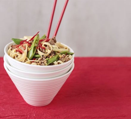 Five-spice beef and sugar snap noodles