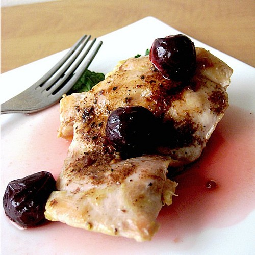 Five spice chicken with pickled cherries
