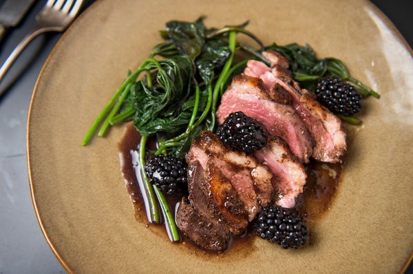 Five-spice duck breast with blackberries