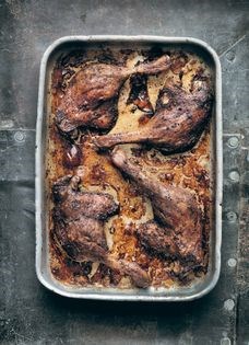 Five-spice duck legs with pancakes