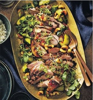 Five-spice duck with stir fried cucumber & cashews