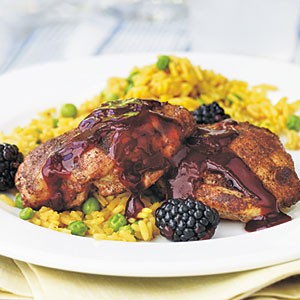 Five-spice grilled chicken thighs with blackberry glaze