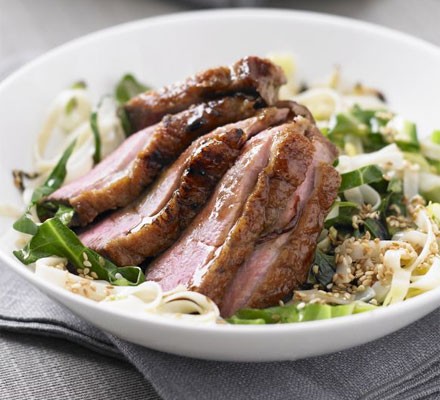 Five spice honey duck with sesame greens