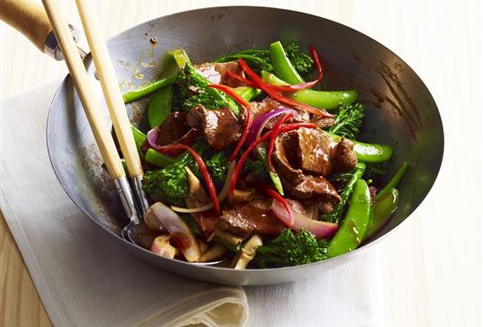 Five-spice lamb and chilli stir-fry with greens