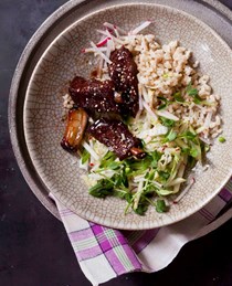 Five-spice riblets with sticky rice and apple slaw