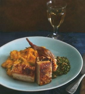 Five-spice roast crispy pork belly with apple and sweet potato mash, roast shallots and coriander salsa verde