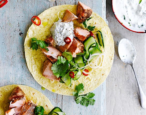 Five-spice salmon tacos with minty cucumber