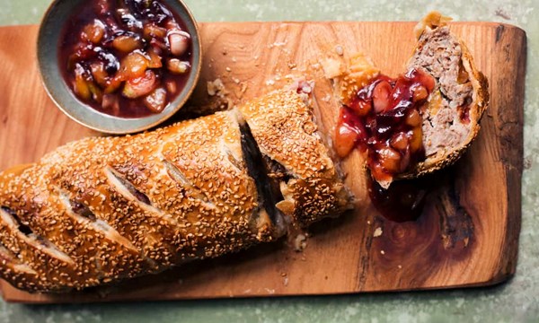 Five-spice sausage Wellington, plum sauce