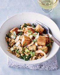 Five-spice tofu with barley and kale