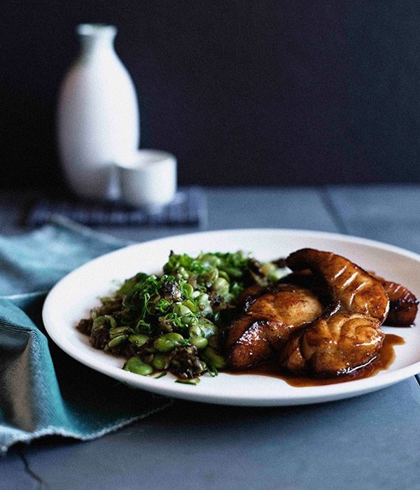 Five-spiced "smoked" fish with broad bean salad