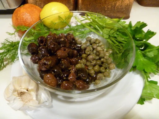 Flageolet bean salad with fennel, orange, and tapenade toasts