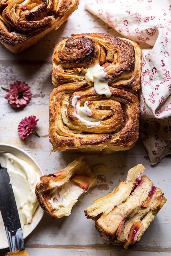 Flaky pull apart cinnamon peach brioche bread