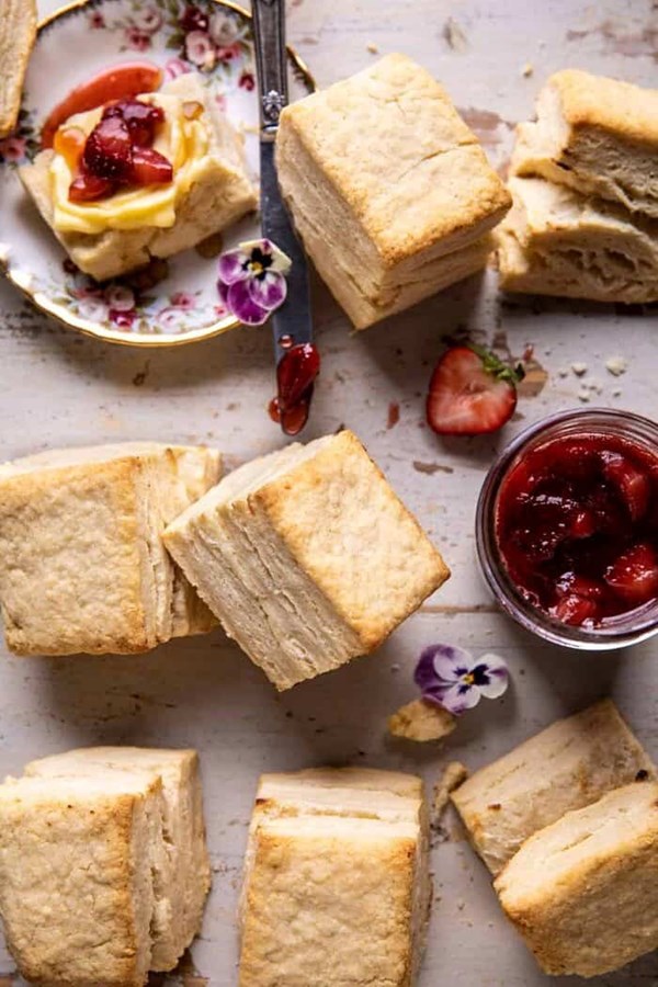 Flaky Southern butter biscuits with strawberry bourbon jam