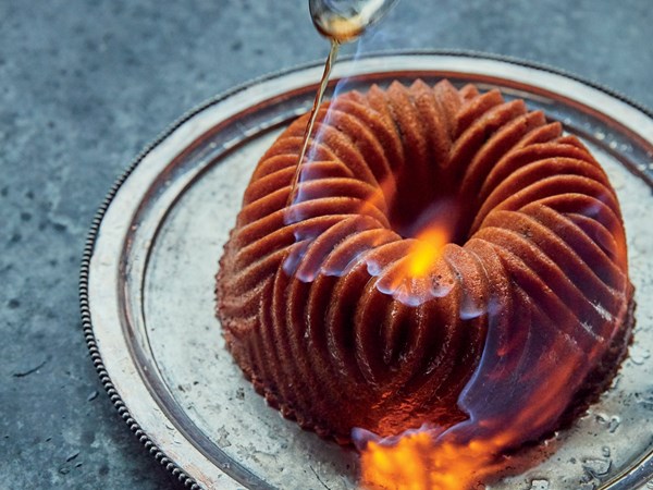 Flambéed candied chestnut cake