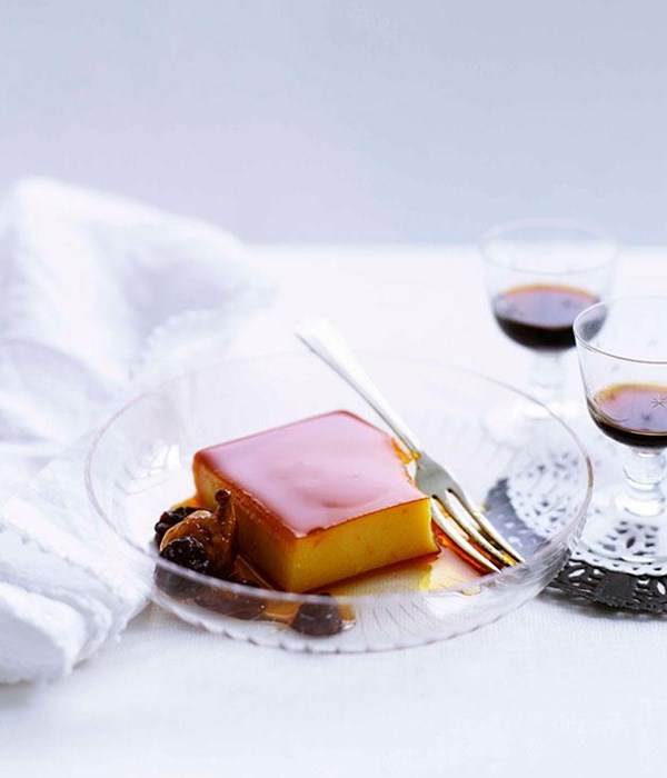 Flan with orange-caramel soaked raisins and wild figs
