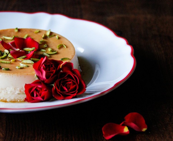 Flan with rose syrup