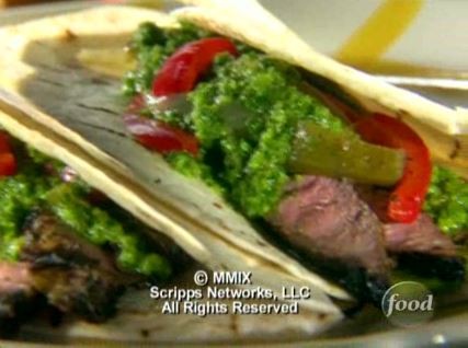Flank steak fajitas with chimichurri and drunken peppers