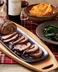 Flank steak spirals with porcini & red wine sauce