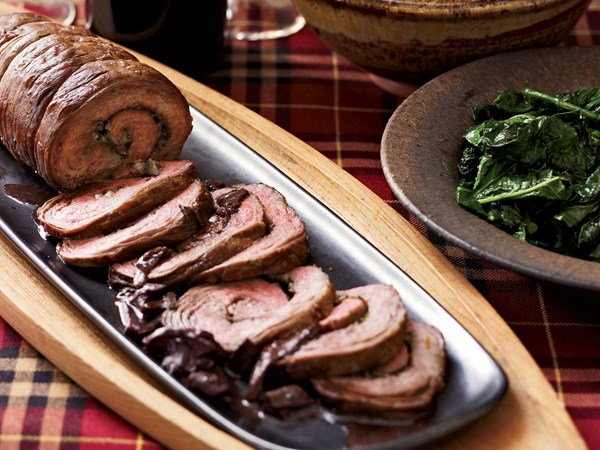 Flank steak spirals with porcini and red wine sauce