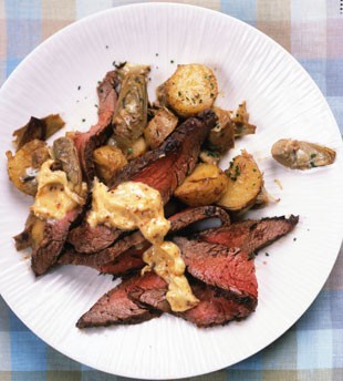 Flank steak with artichoke-potato hash and aleppo-pepper aioli