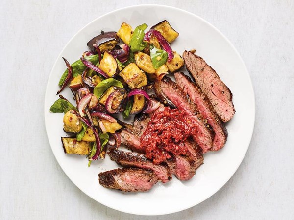 Flank steak with balsamic roasted eggplant