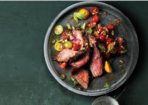 Flank steak with Bloody Mary tomato salad