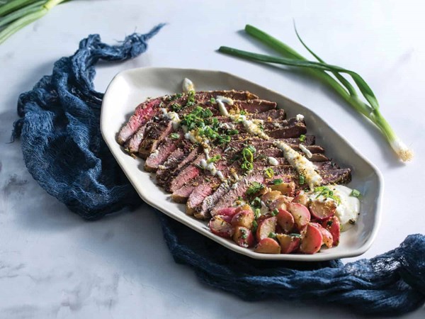 Flank steak with buttered radishes and burrata