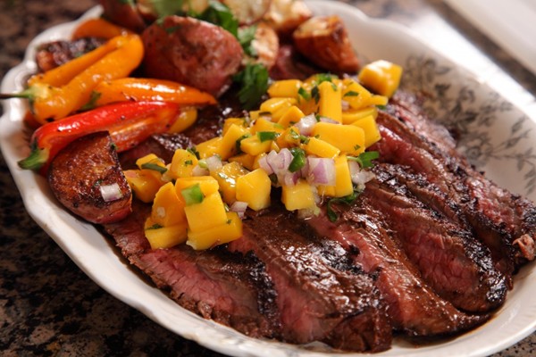 Flank steak with chocolate ancho sauce & mango salsa
