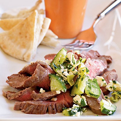 Flank steak with cucumber-pepperoncini relish