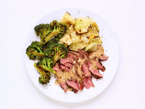 Flank steak with roasted broccoli and cabbage 