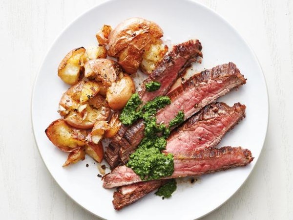 Flank steak with smashed potatoes