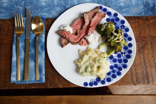 Flank steak with yogurt-horseradish sauce and blue cheese sauce