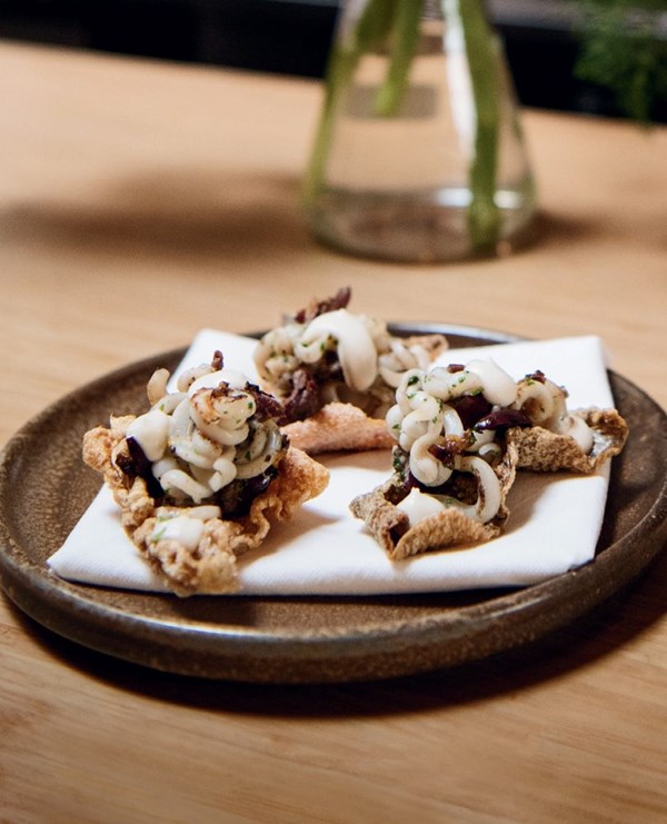 Flash-fried squid on a puffed fish-skin cracker