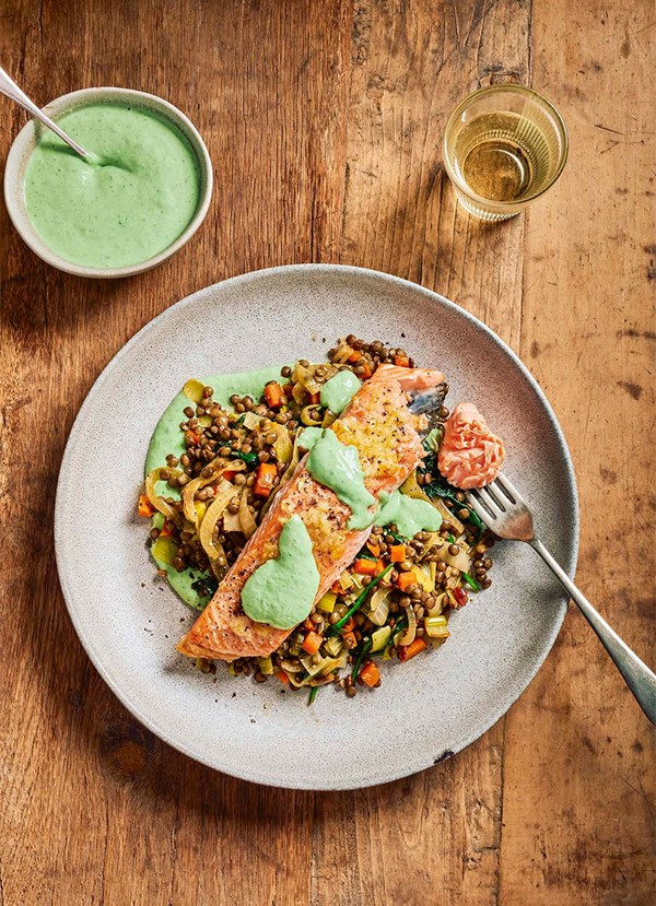 Flash-roasted salmon on lentils