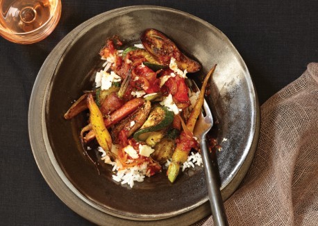 Flash-roasted vegetables and rice with chipotle tomato sauce