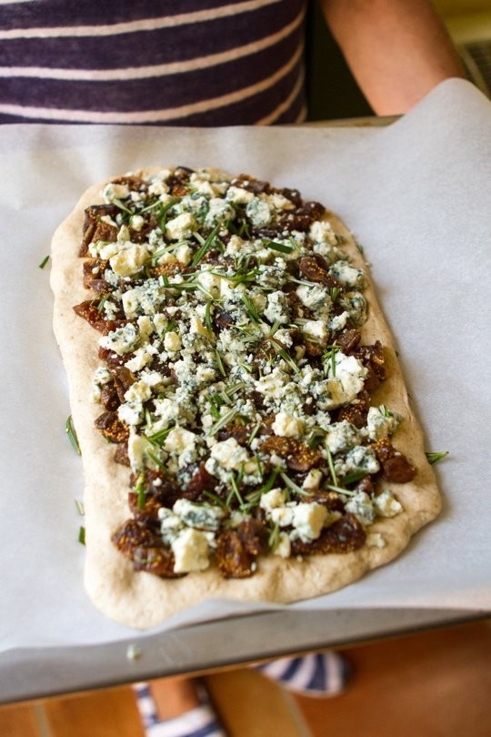 Flat bread with dried figs, Roquefort cheese, and rosemary