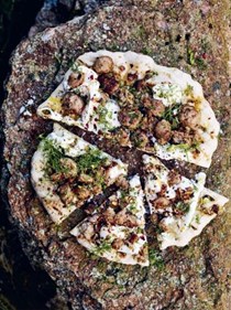 Flat breads with chilli and fennel sausage, burrata and herbs